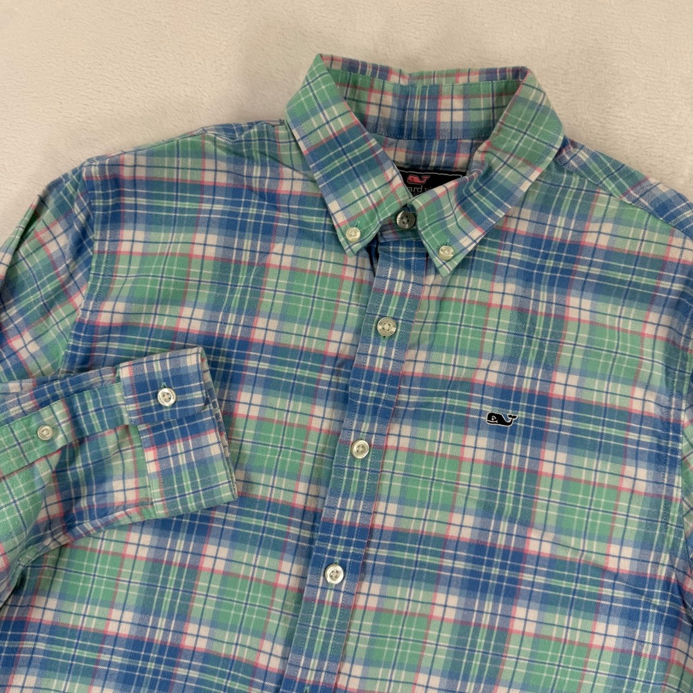 Vineyard Vines Whale Shirt XL 18 Blue Green Pink Plaid Cotton Button Down 3W0571